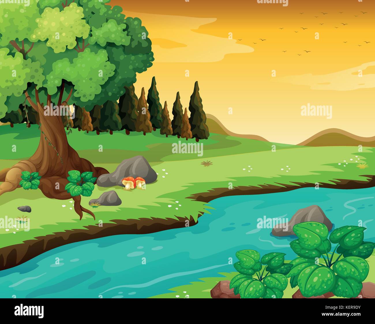 Illustration of the flowing river at the forest Stock Vector