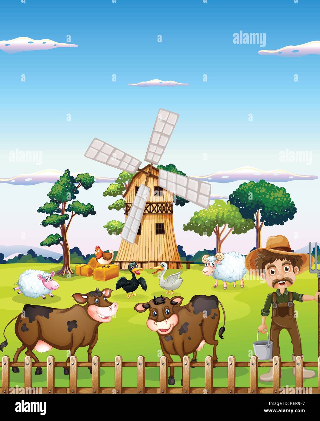 Illustration of a farmer with the farm animals Stock Vector
