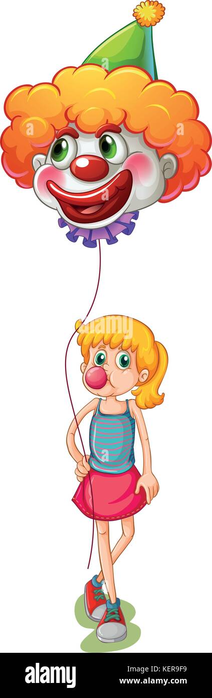 Illustration of a tall girl holding a clown balloon on a white ...
