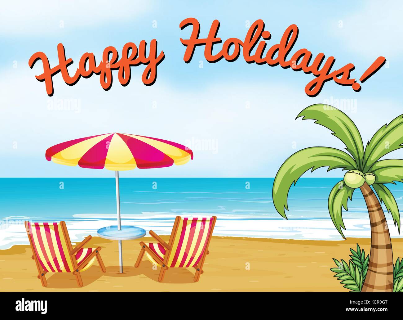 Happy holidays beach scene with text Stock Vector Art