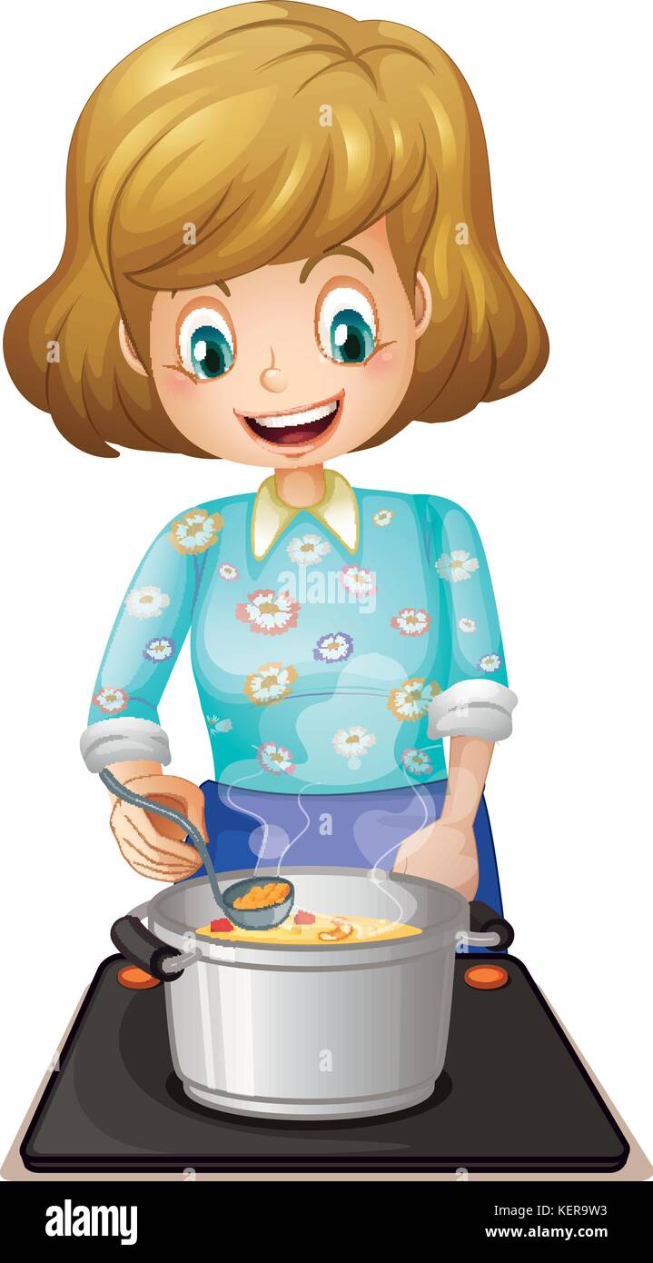 Illustration of a happy mother cooking on a white background Stock ...