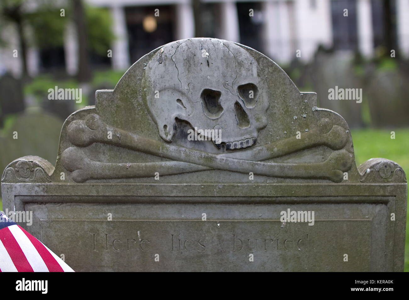 A tombstone from the Granary Burying Ground in Boston, MA Stock Photo