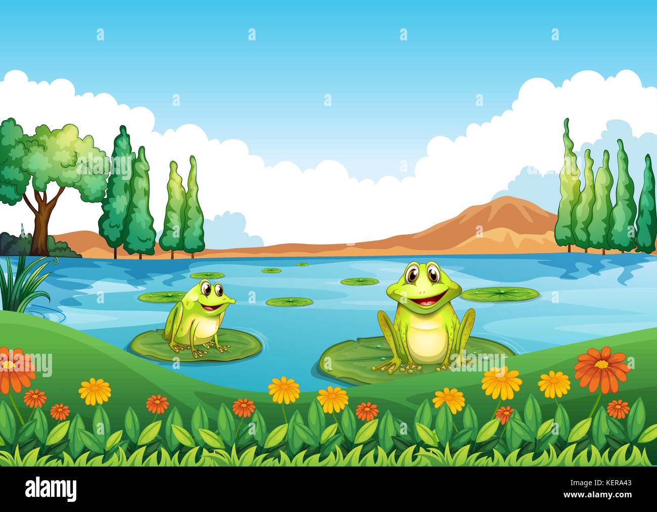 Illustration of the two playful frogs at the pond Stock Vector