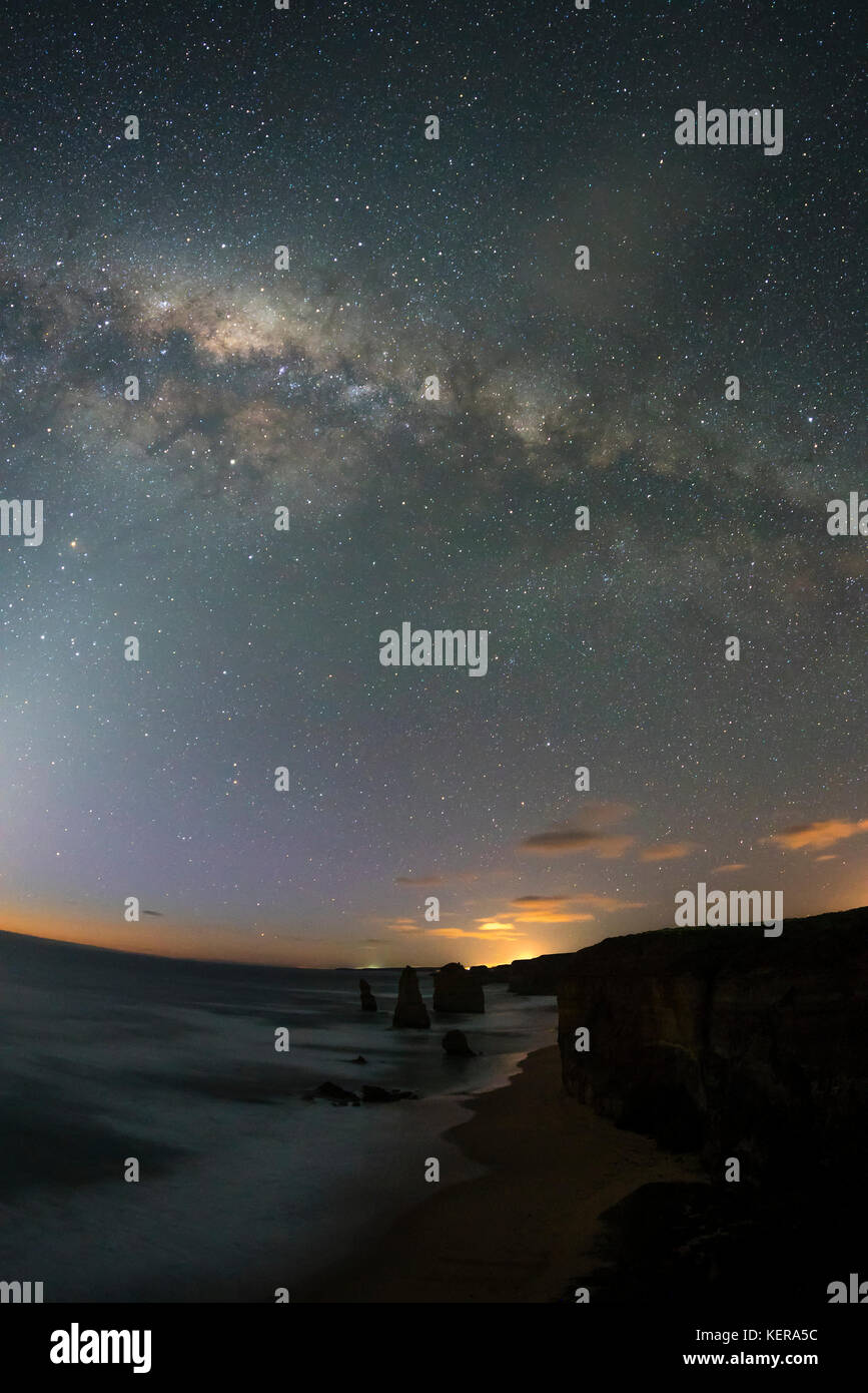 Twelve Apostles with starry night sky and milky way Stock Photo