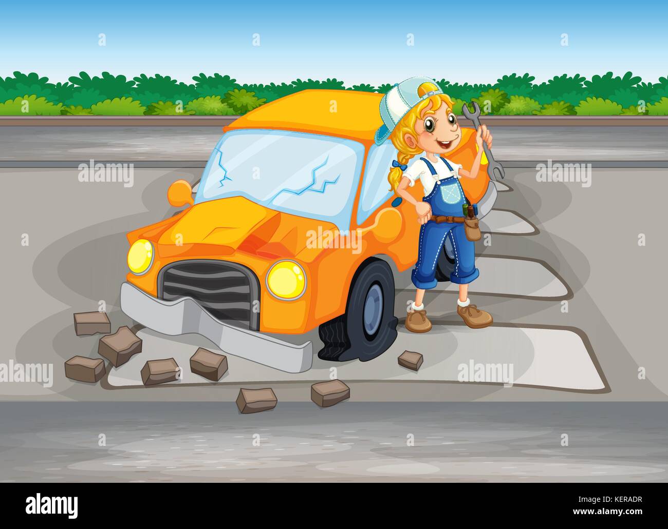 Illustration of a girl repairing the damaged car at the road Stock Vector