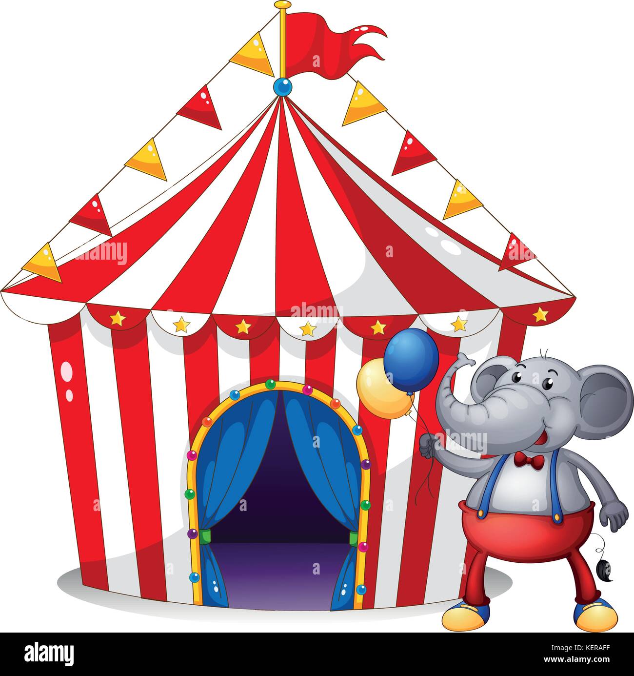 Illustration of an elephant in front of the tent at the carnival on a white background Stock Vector