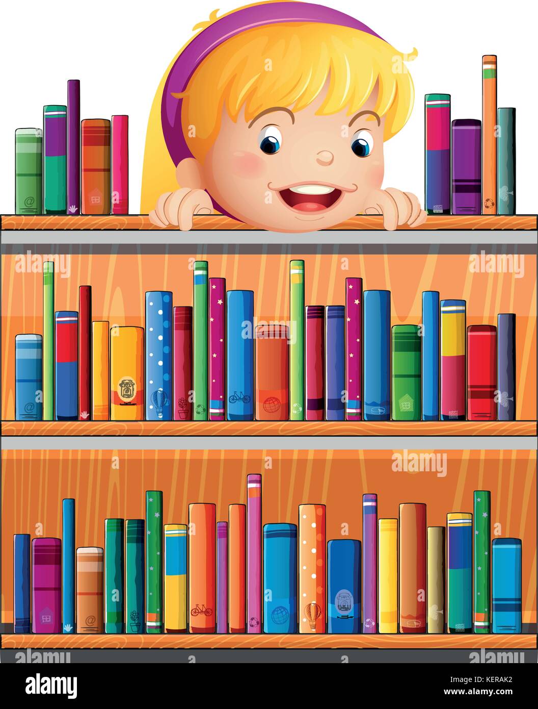 Illustration of a girl with a pink headband hiding at the back of the shelves Stock Vector