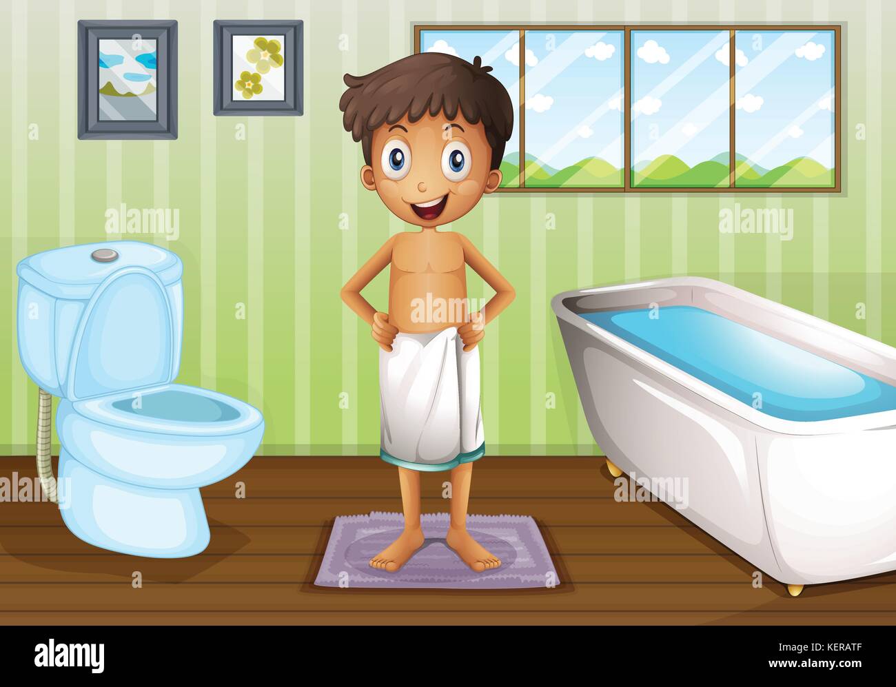 Illustration of a boy inside the bathroom Stock Vector
