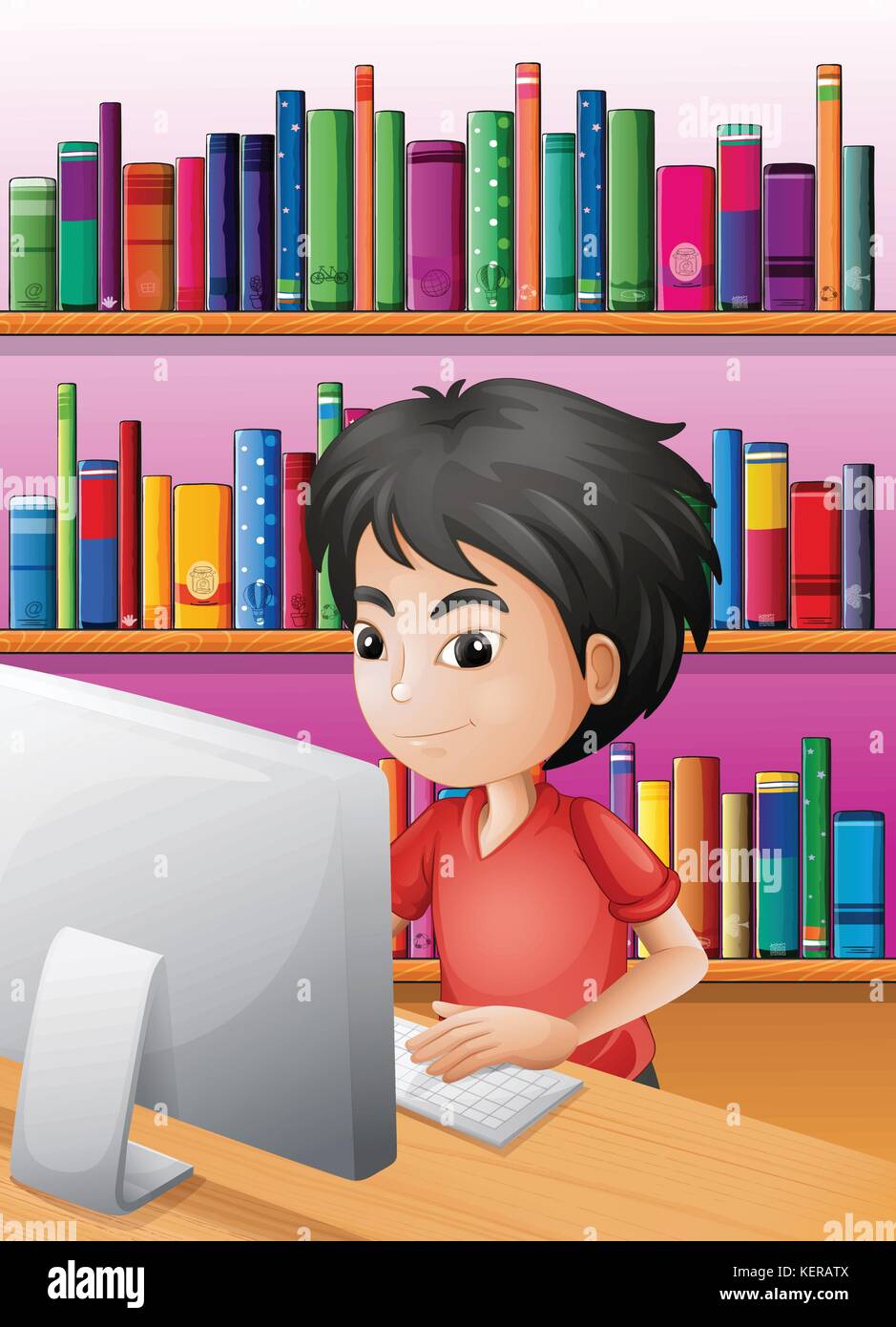 Illustration of a boy playing computer in front of the shelves with books Stock Vector