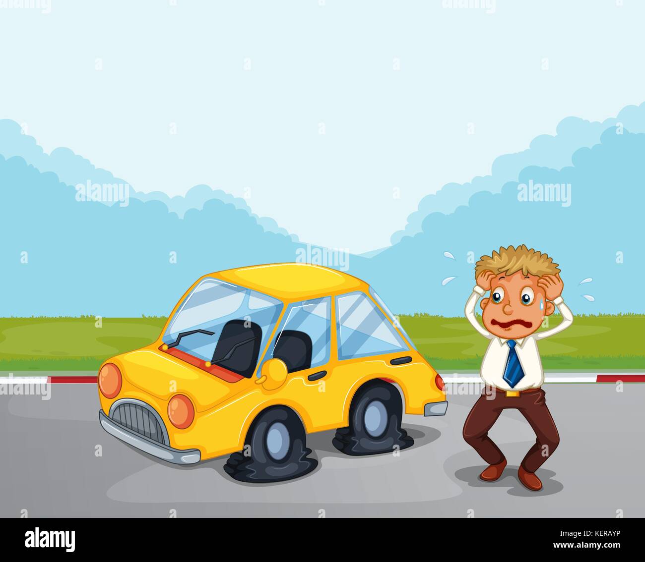 Illustration of a worried gentleman beside his car with flat tires ...