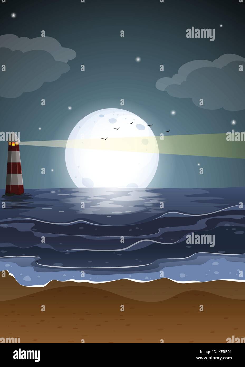 Illustration of a beach with a lighthouse and a fullmoon Stock Vector ...