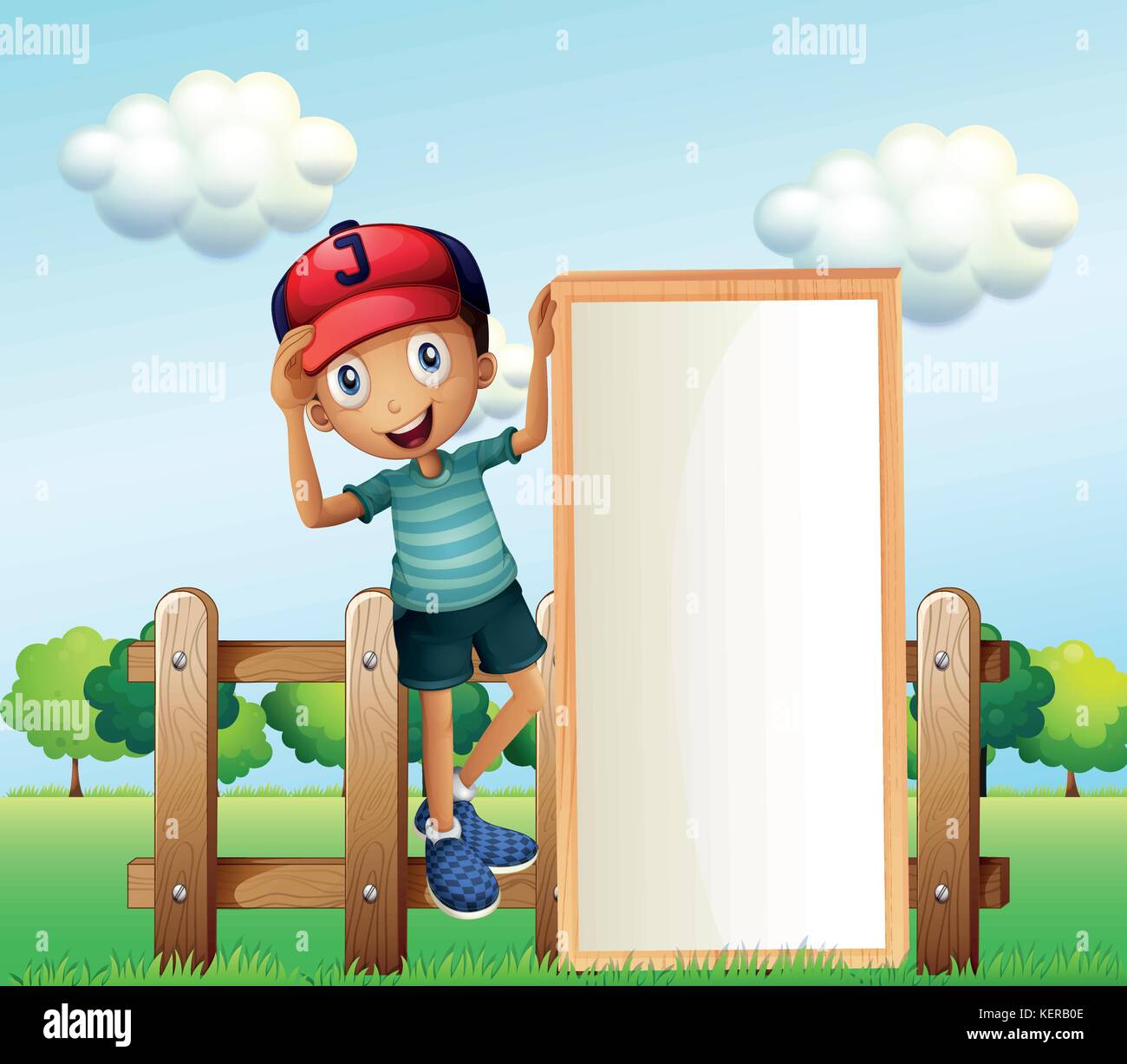 Illustration of a boy standing at the fence wearing a cap holding an ...