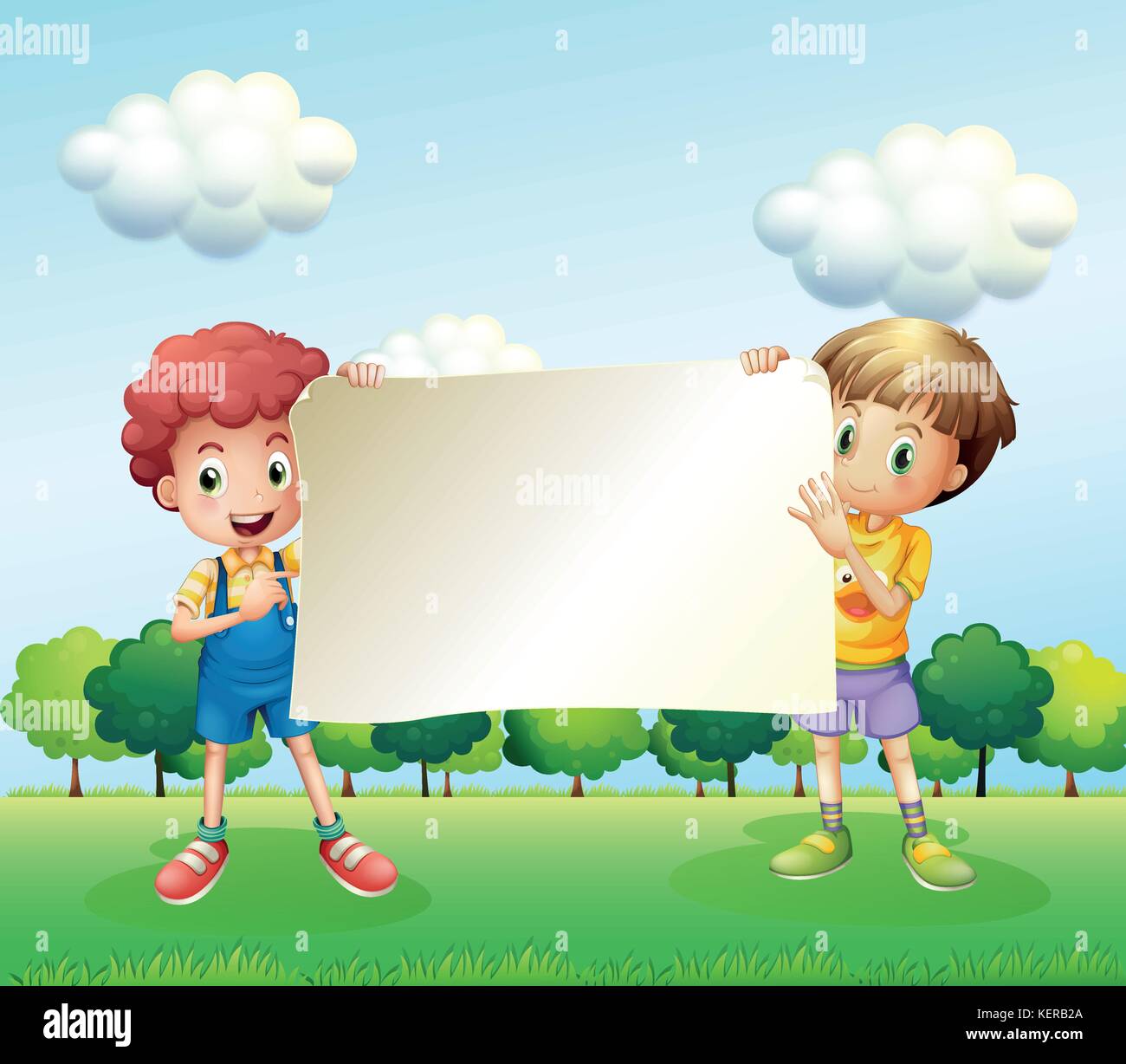 Illustration of the two boys holding an empty signboard Stock Vector ...