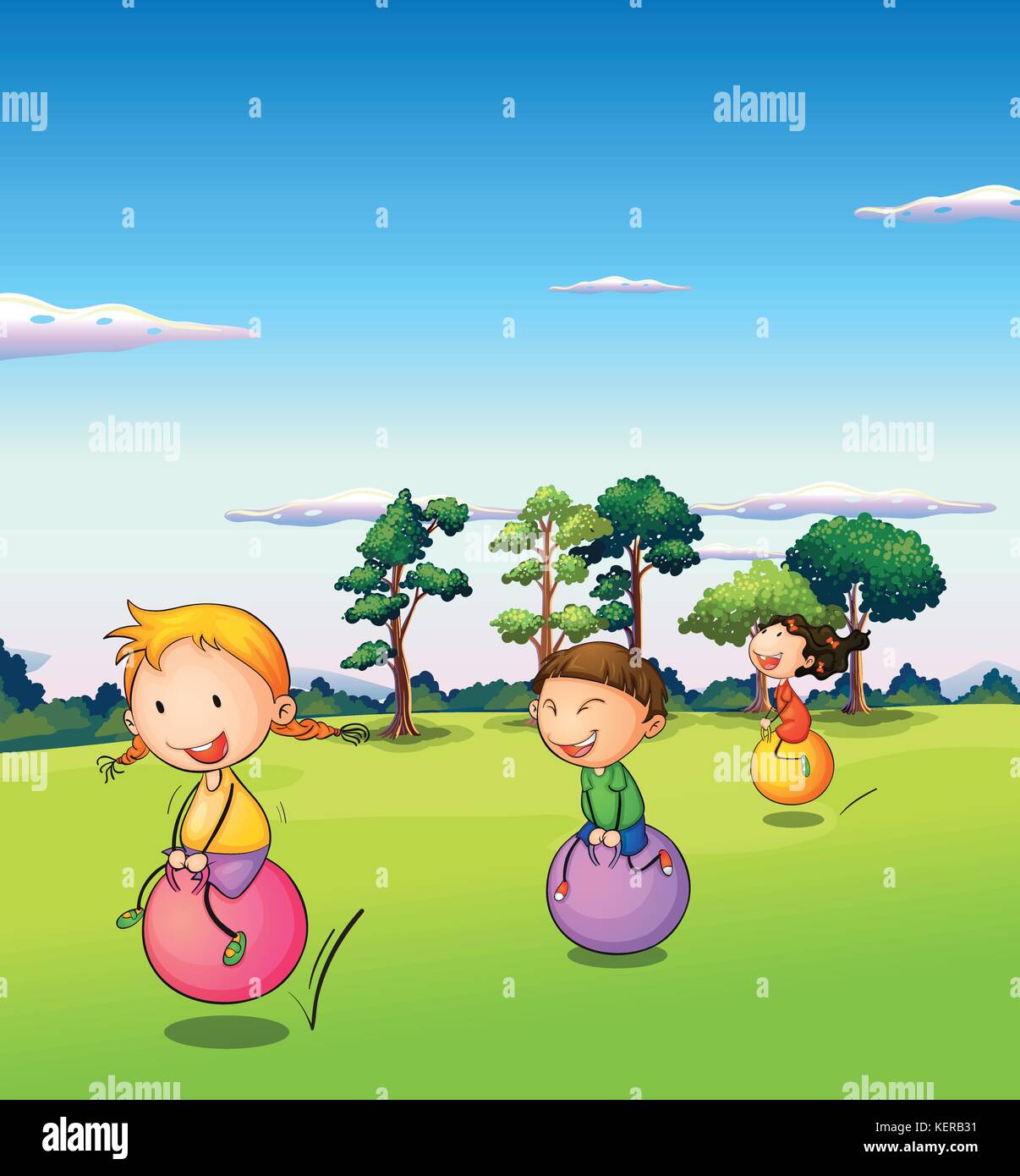 Illustration of the three kids playing with the bouncing balls Stock