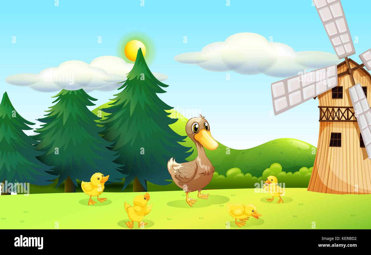 Illustration of a duck and her ducklings near the wooden farmhouse ...