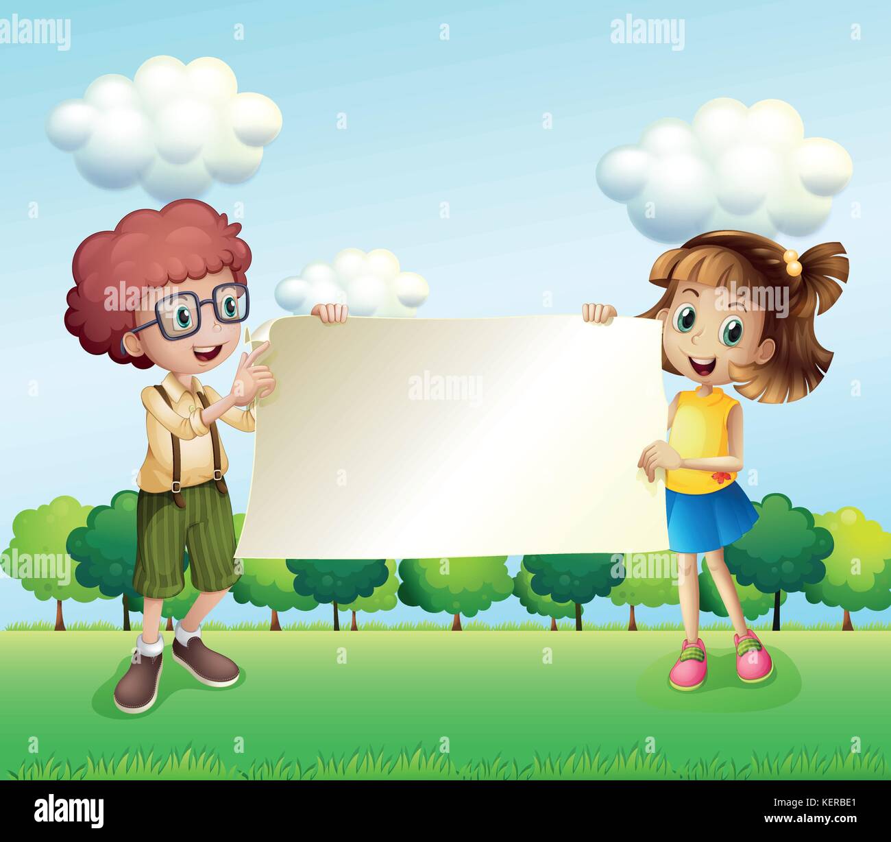 Illustration of a boy and a girl holding an empty signage Stock Vector ...