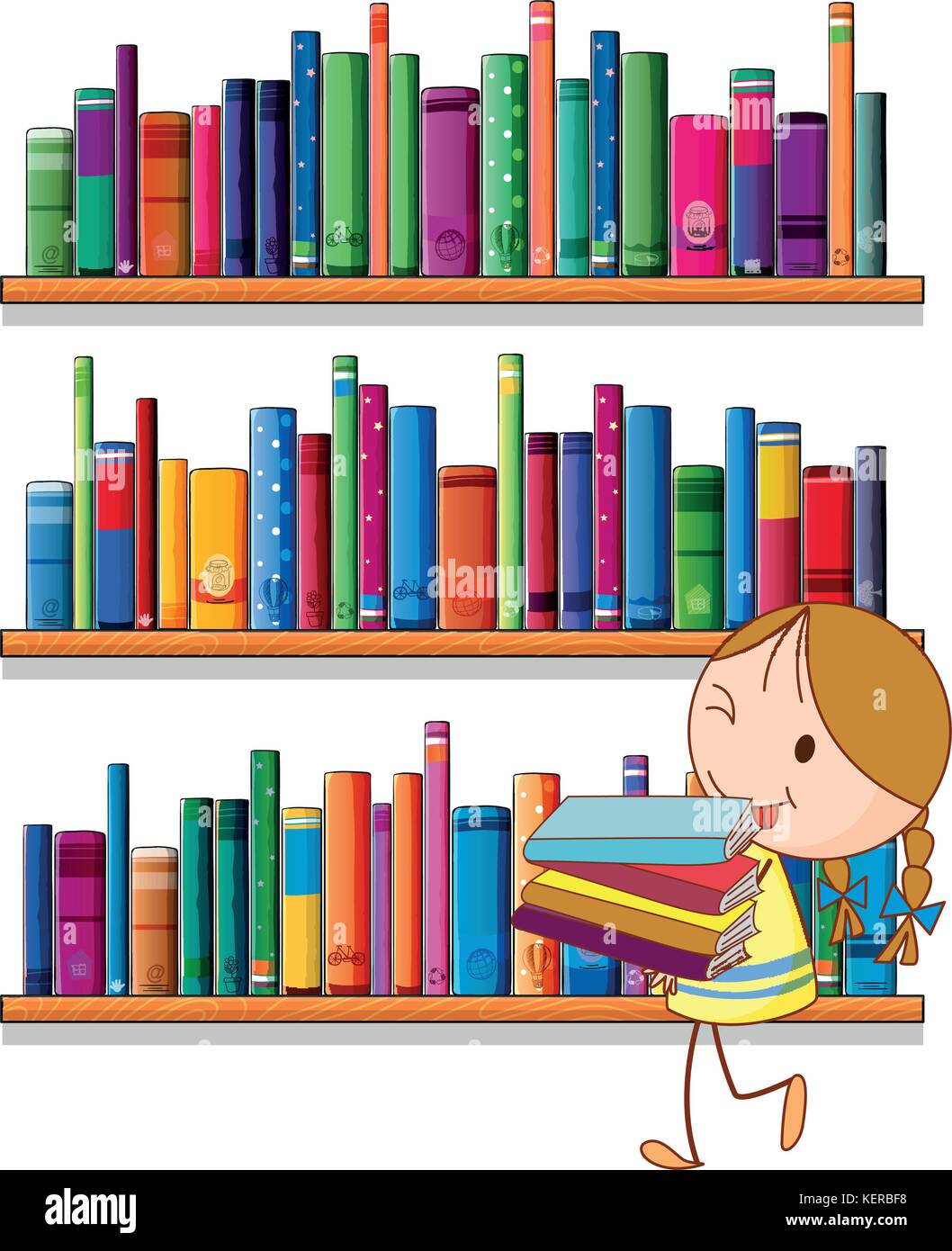 Illustration of a little girl in the library on a white background ...