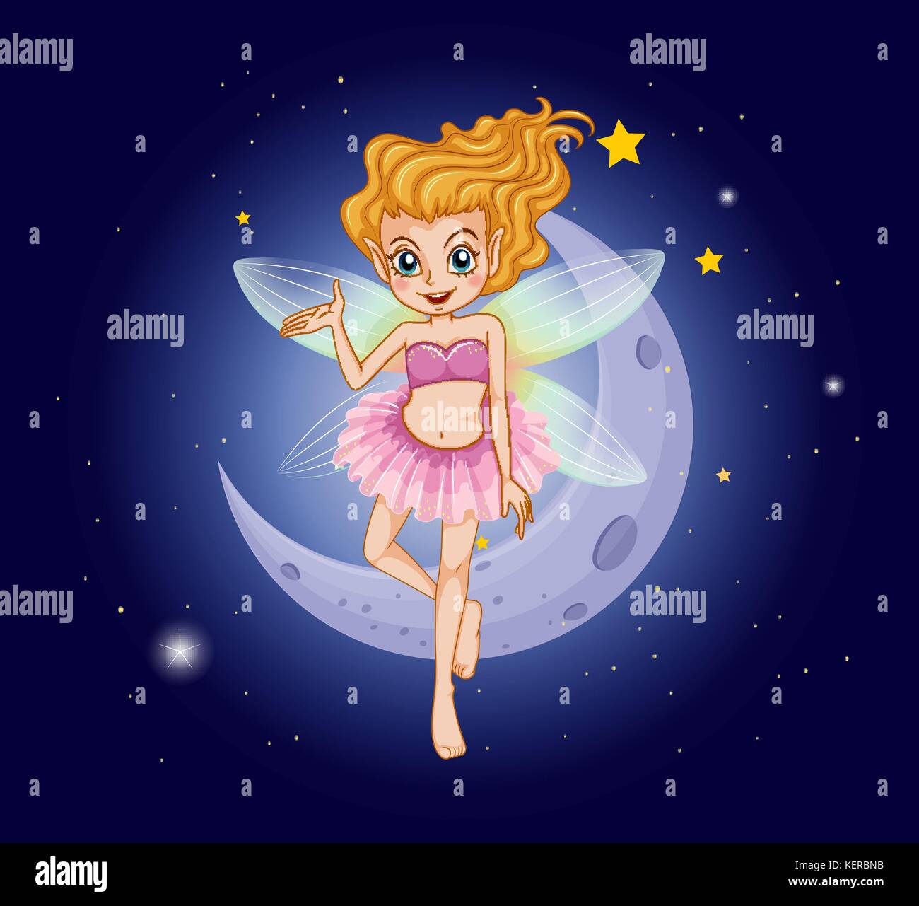 Illustration of a fairy with a pink dress near the moon Stock Vector