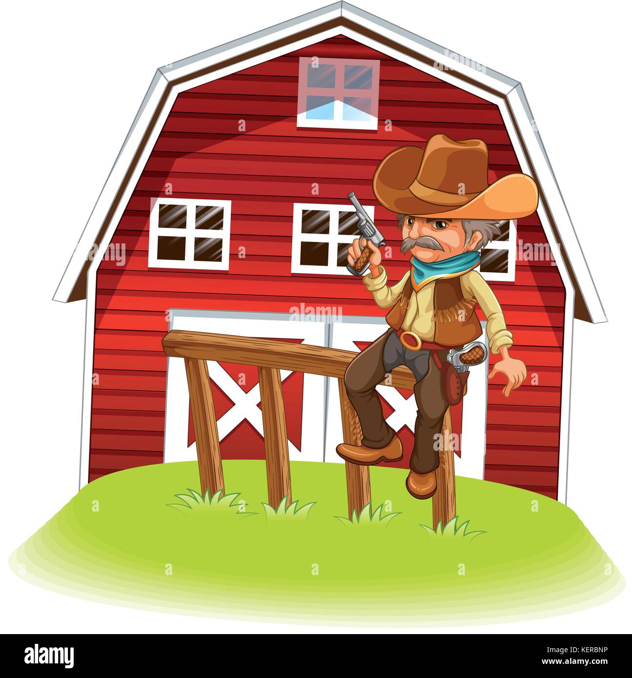 Illustration of a cowboy holding a gun sitting on a wood in front of the barnhouse on a white background Stock Vector