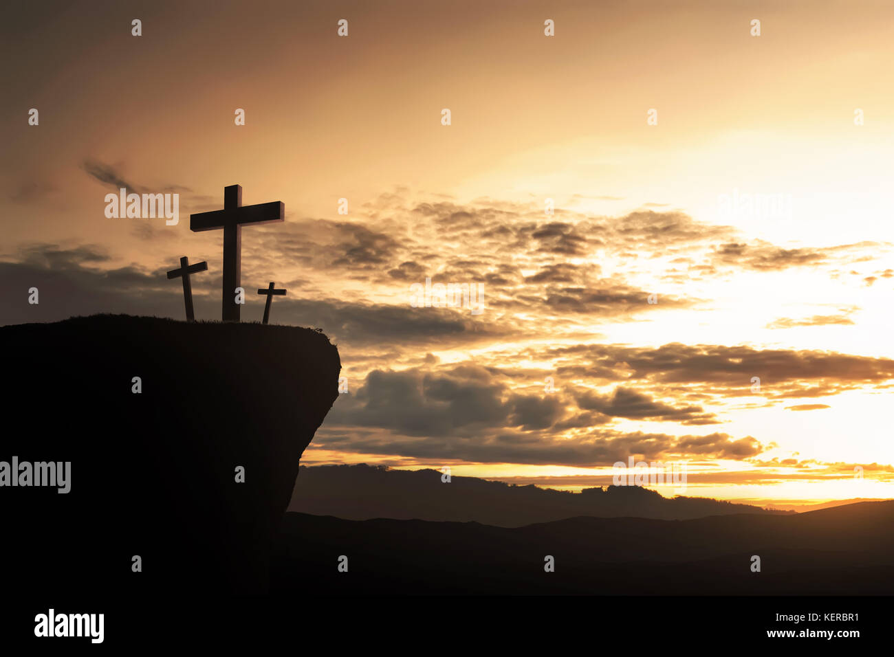 Christian cross on the hill at sunset background Stock Photo - Alamy