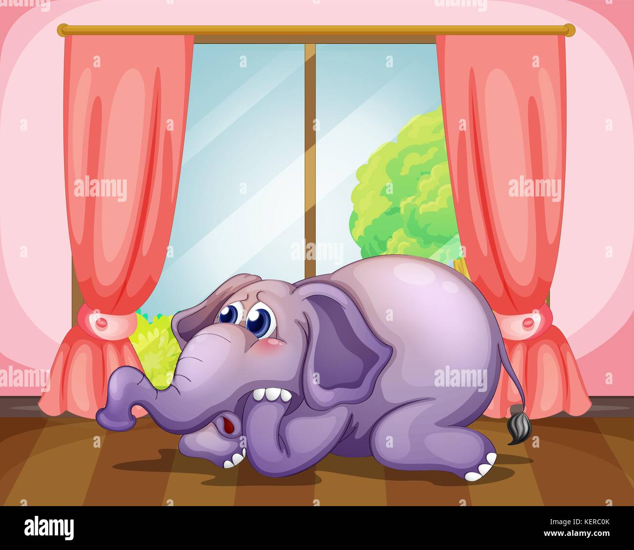 Illustration of a worried face of an elephant inside the room Stock Vector