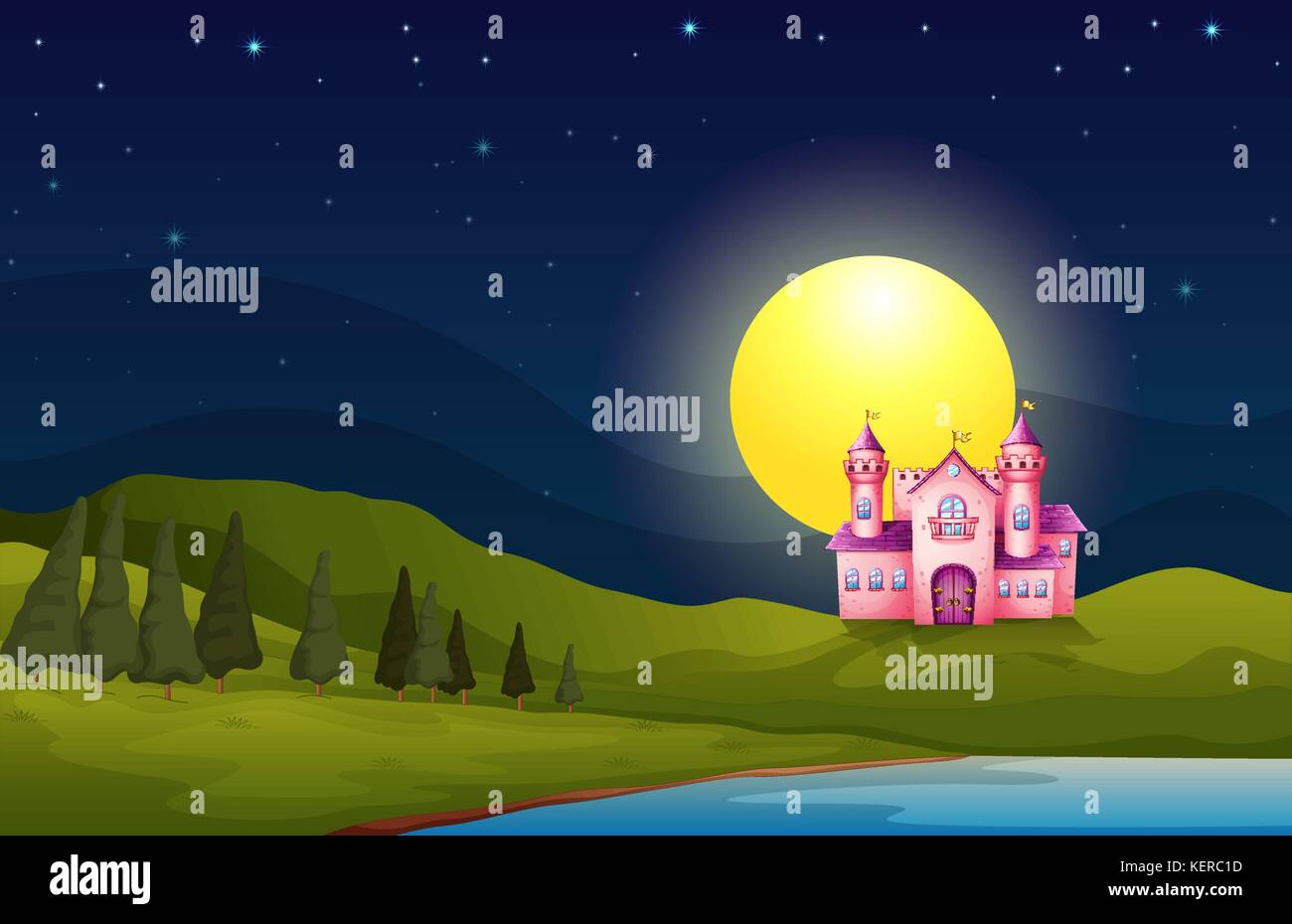 Illustration of a pink castle in the hill Stock Vector