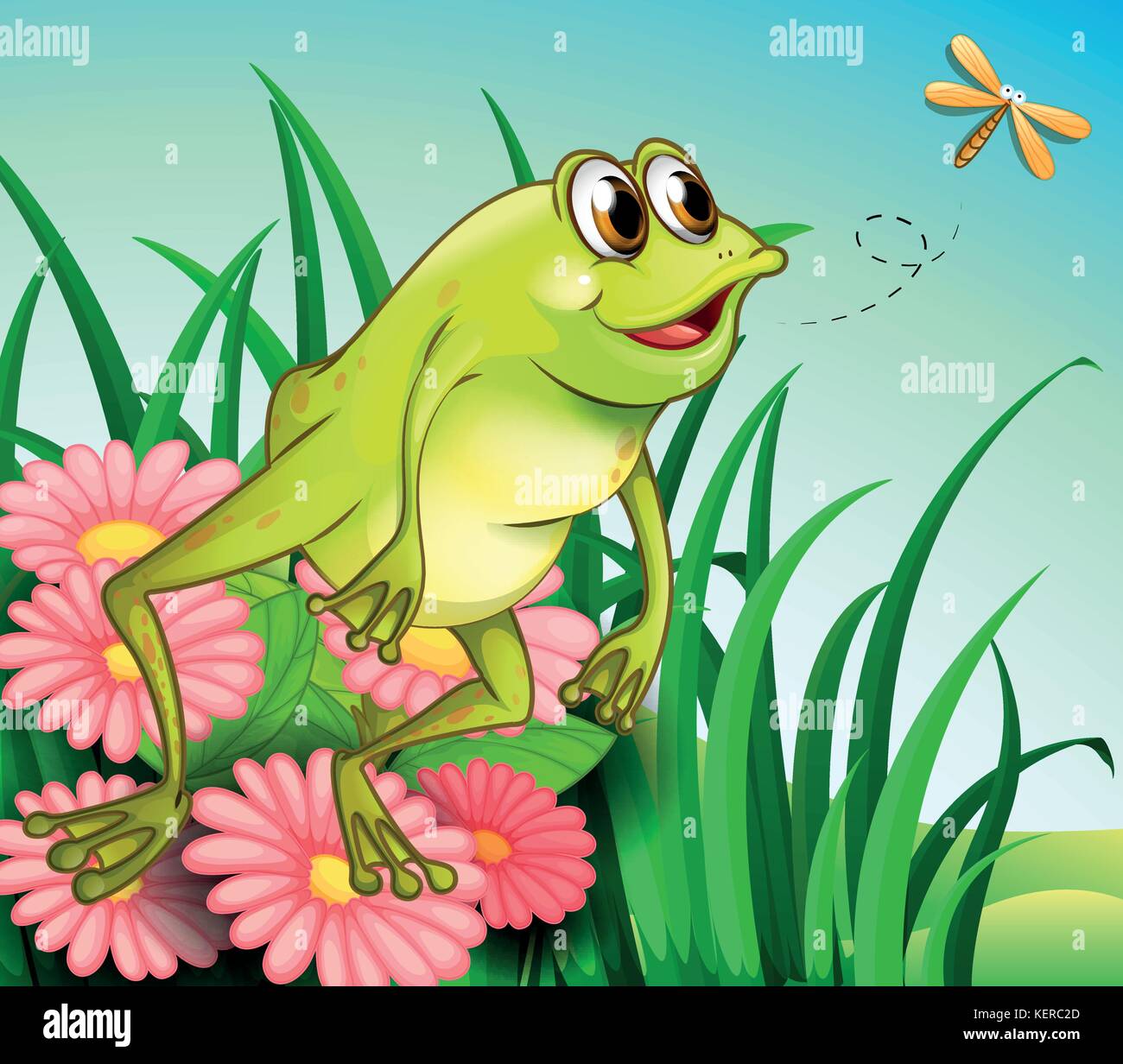 Illustration of a hungry frog at the garden Stock Vector