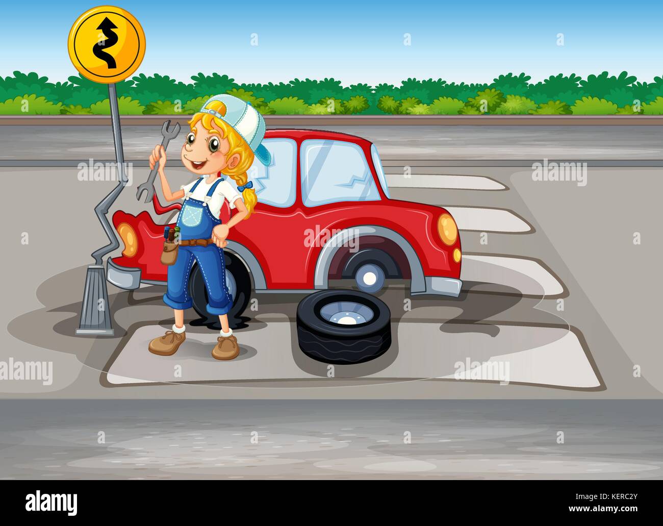 Illustration of a girl repairing the red car at the pedestrian lane Stock Vector