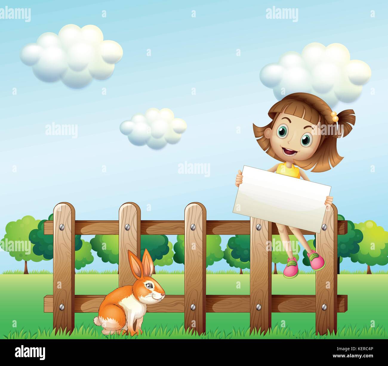 Illustration of a girl sitting on a wooden fence holding an empty ...