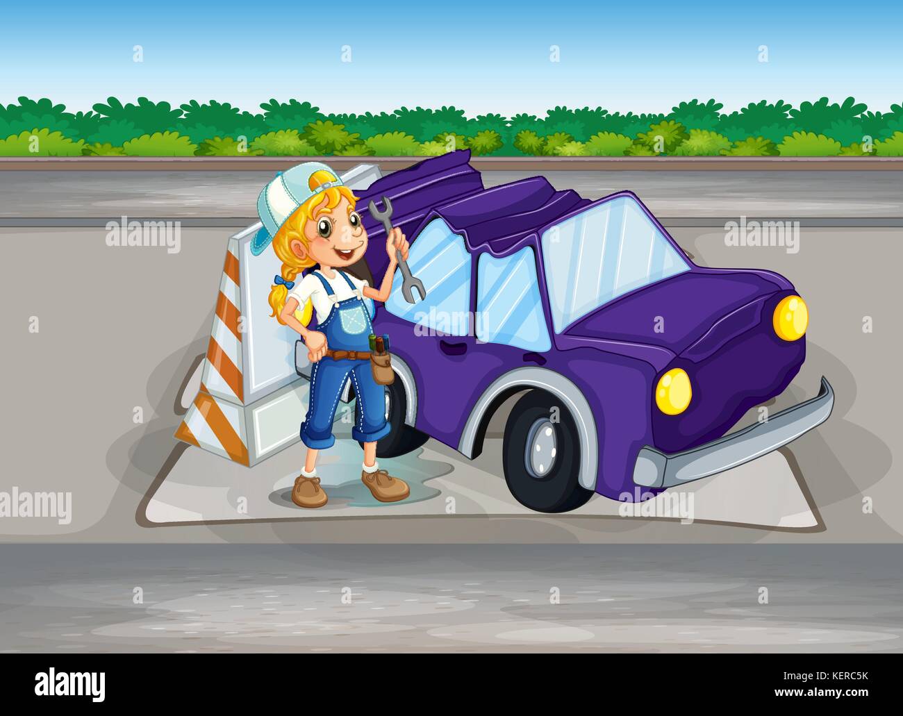 Illustration of a girl fixing a purple car Stock Vector