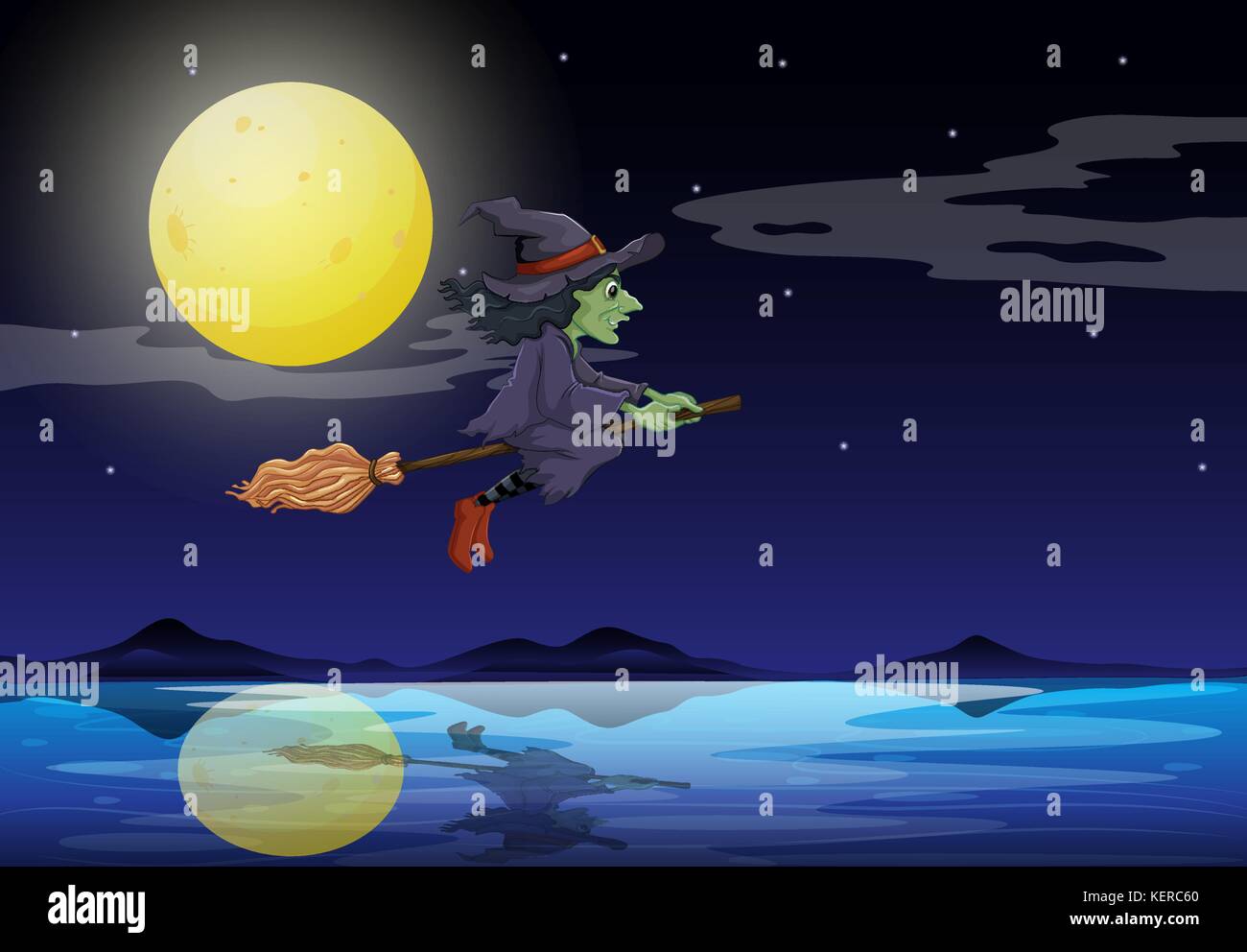 Illustration of a witch riding on a broom travelling in the middle of ...
