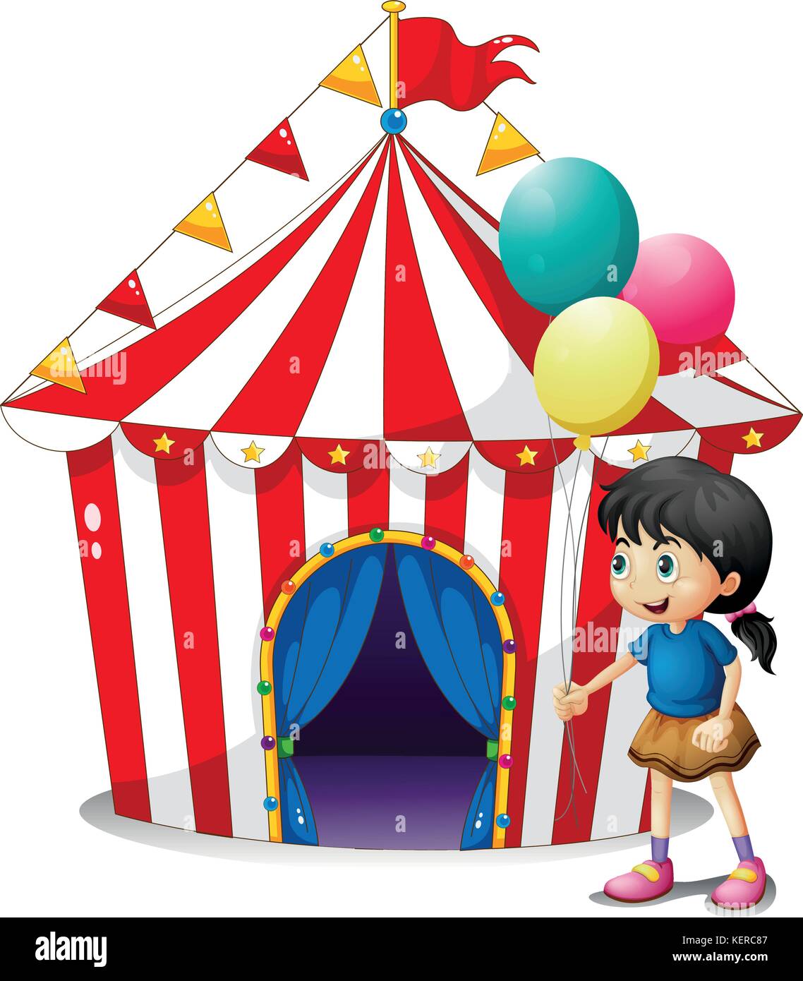 Illustration of a girl with balloons in front of the circus tent on a white background Stock Vector