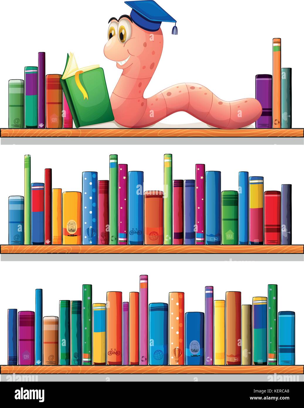 Illustration of an earthworm reading at the top of the bookshelves on a ...