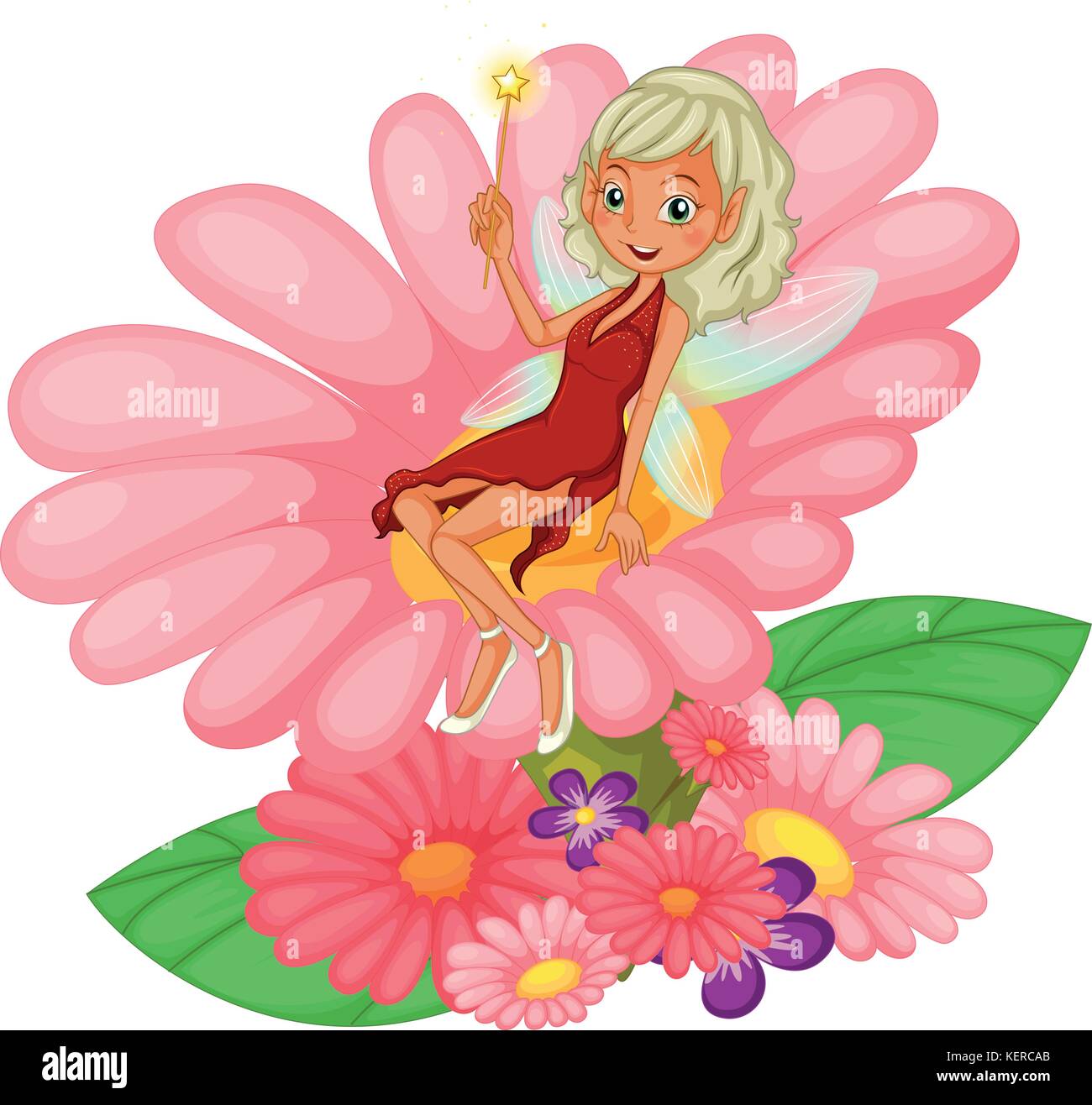 Illustration of a fairy sitting on a pink flower on a white background ...
