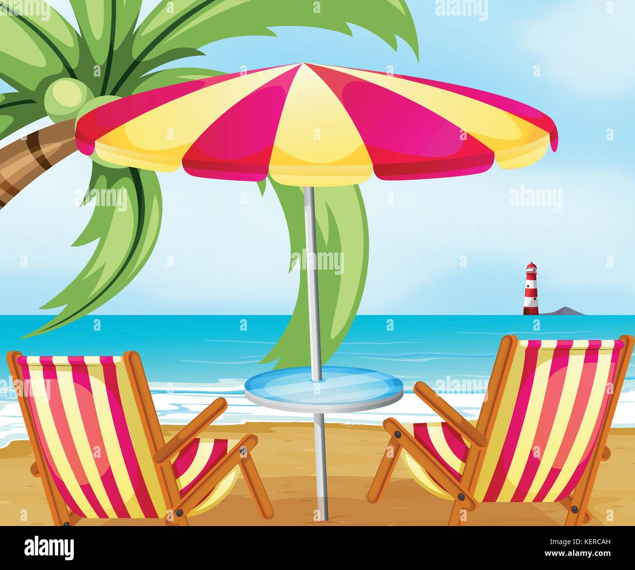 Illustration of a chair and an umbrella at the beach Stock Vector Image ...