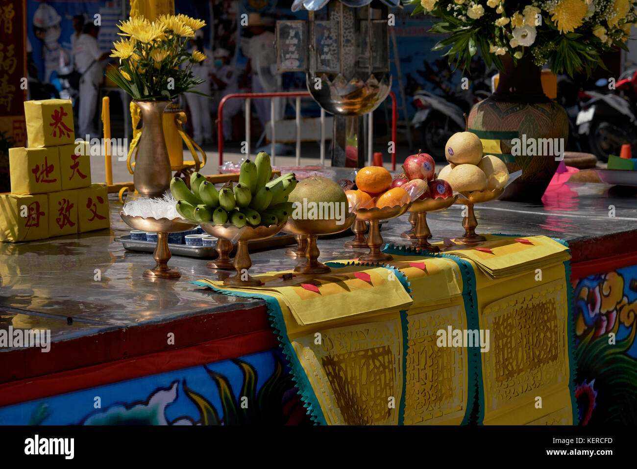 Buddha food offerings at a Thailand Buddhist temple. Southeast Asia