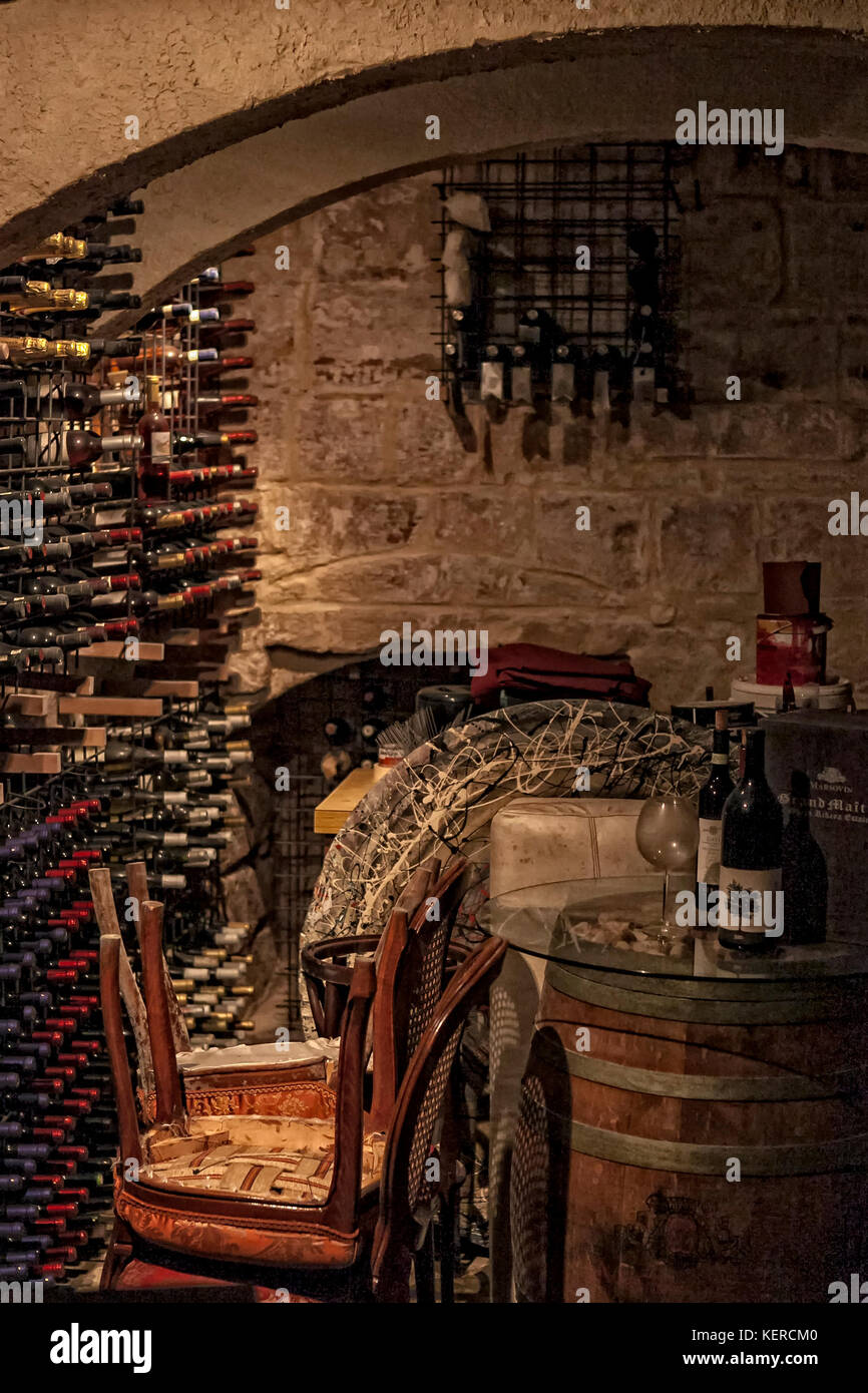 Interior of a typical Mediterranean wine cellar in Malta Stock Photo