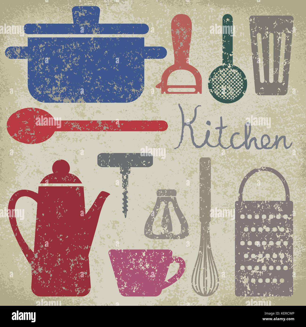 Vintage poster with cooking related objects. Stock Vector