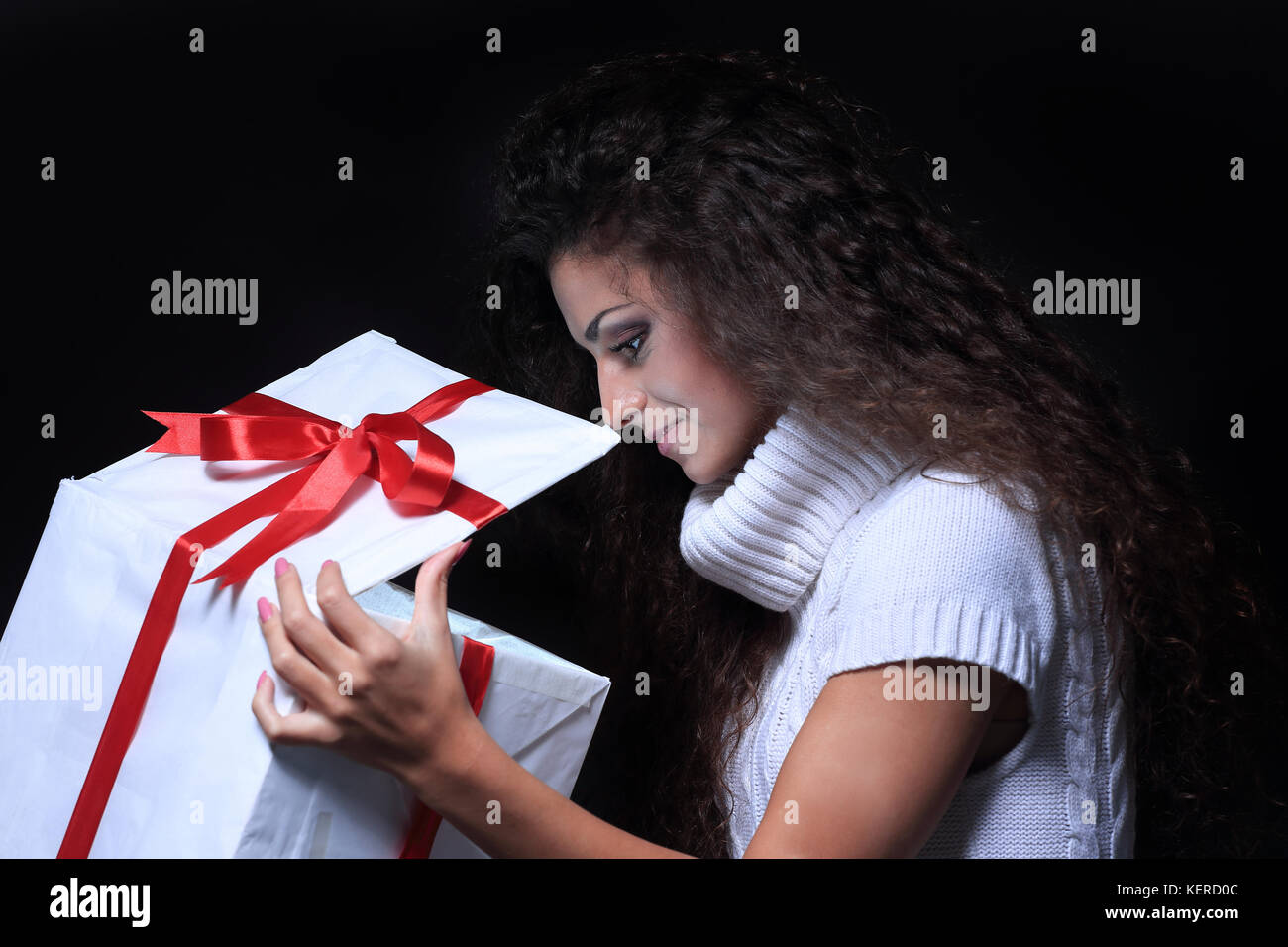 Happy pretty young woman with gift box isolated background Stock Photo ...