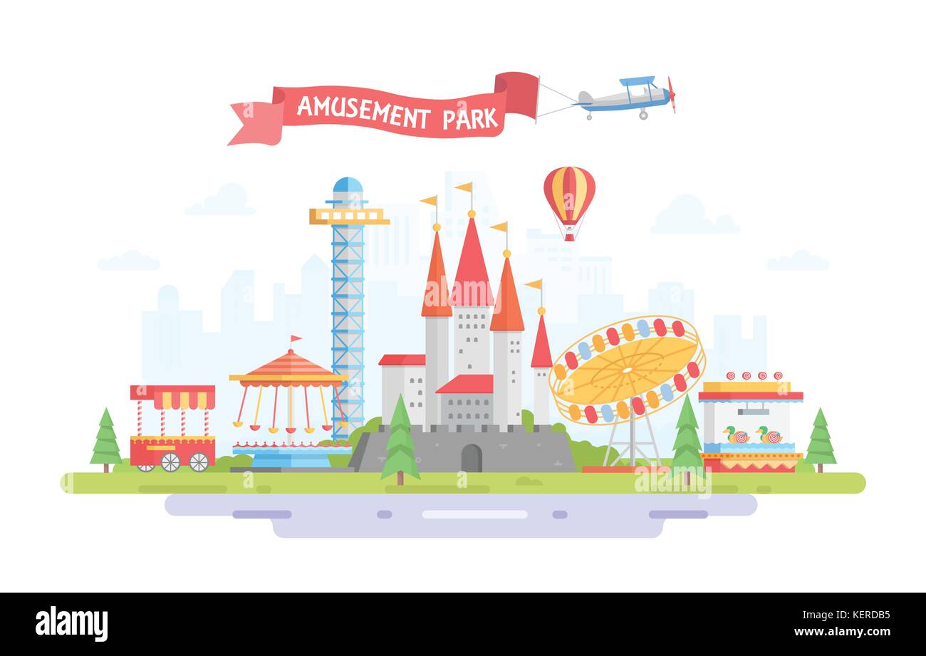City with amusement park - modern flat design style vector illustration ...