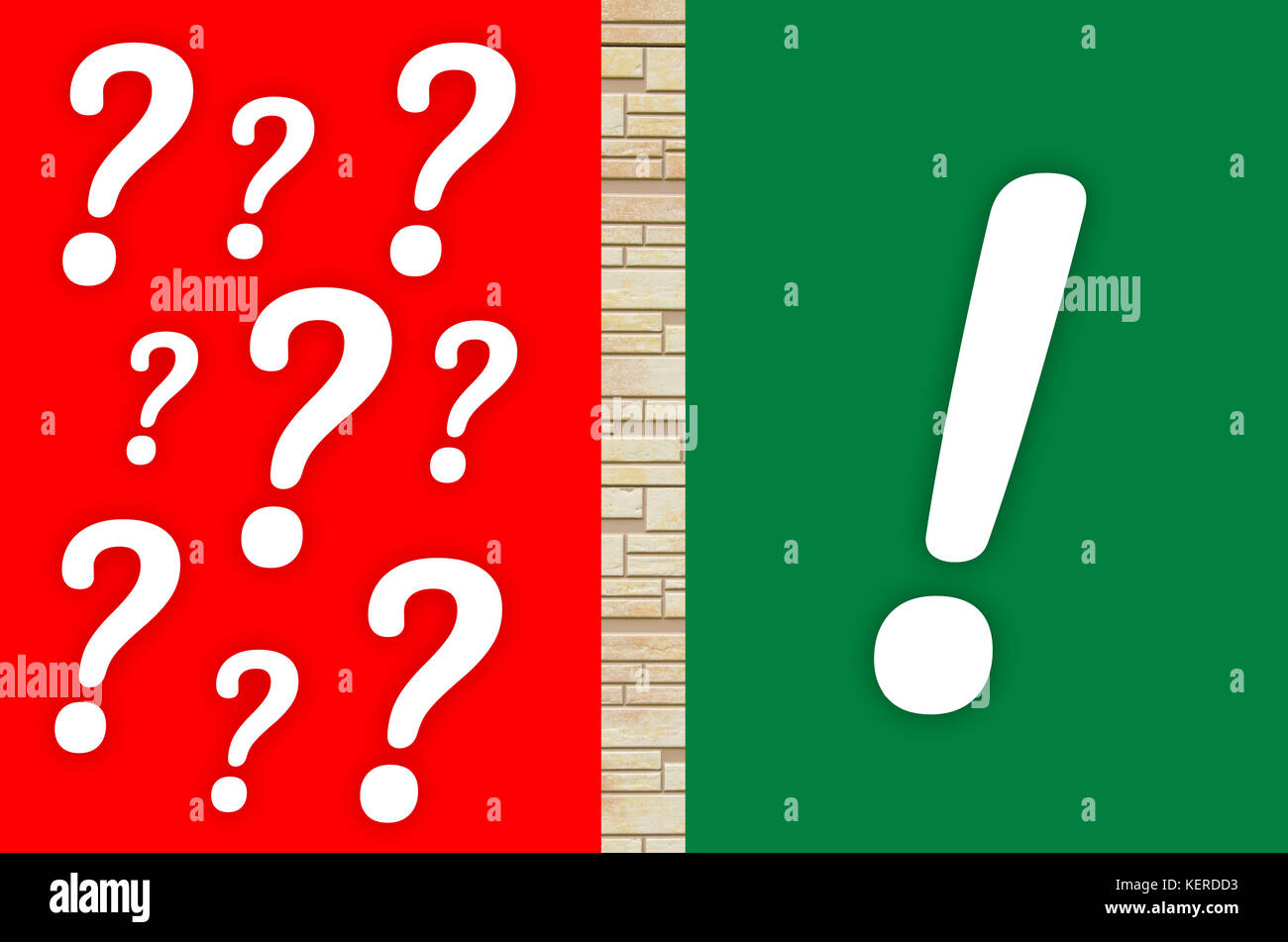 many question marks and only exclamation marks on red-green backround Stock Photo