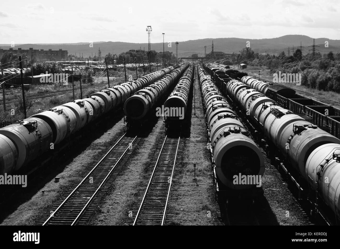 Russia, Komsomolsk-on-Amur, 8 august 2017, Train Station. several tank trains with POL at the railway station. fuels and lubricants oils. black and wh Stock Photo