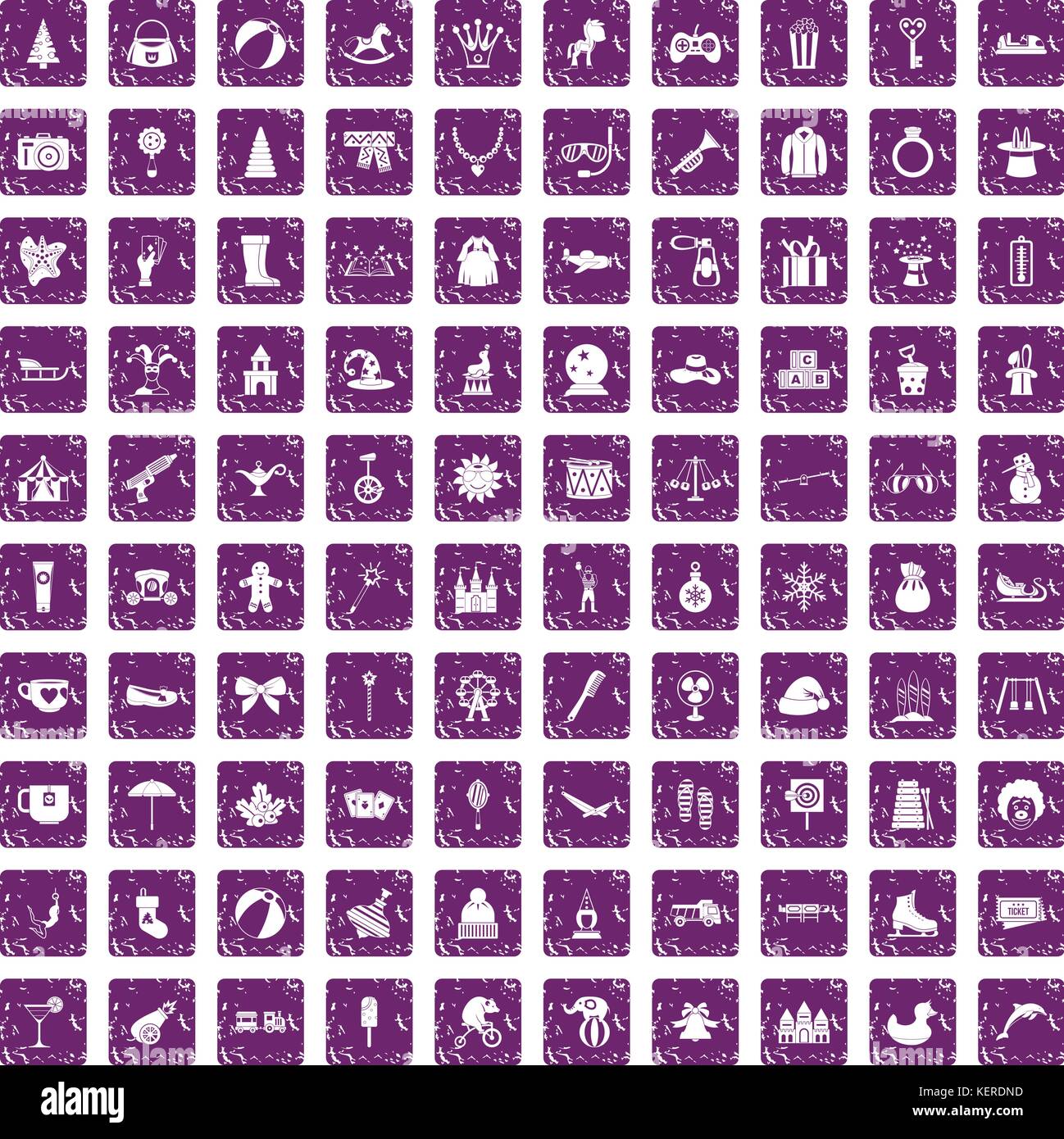 100 children icons set grunge purple Stock Vector