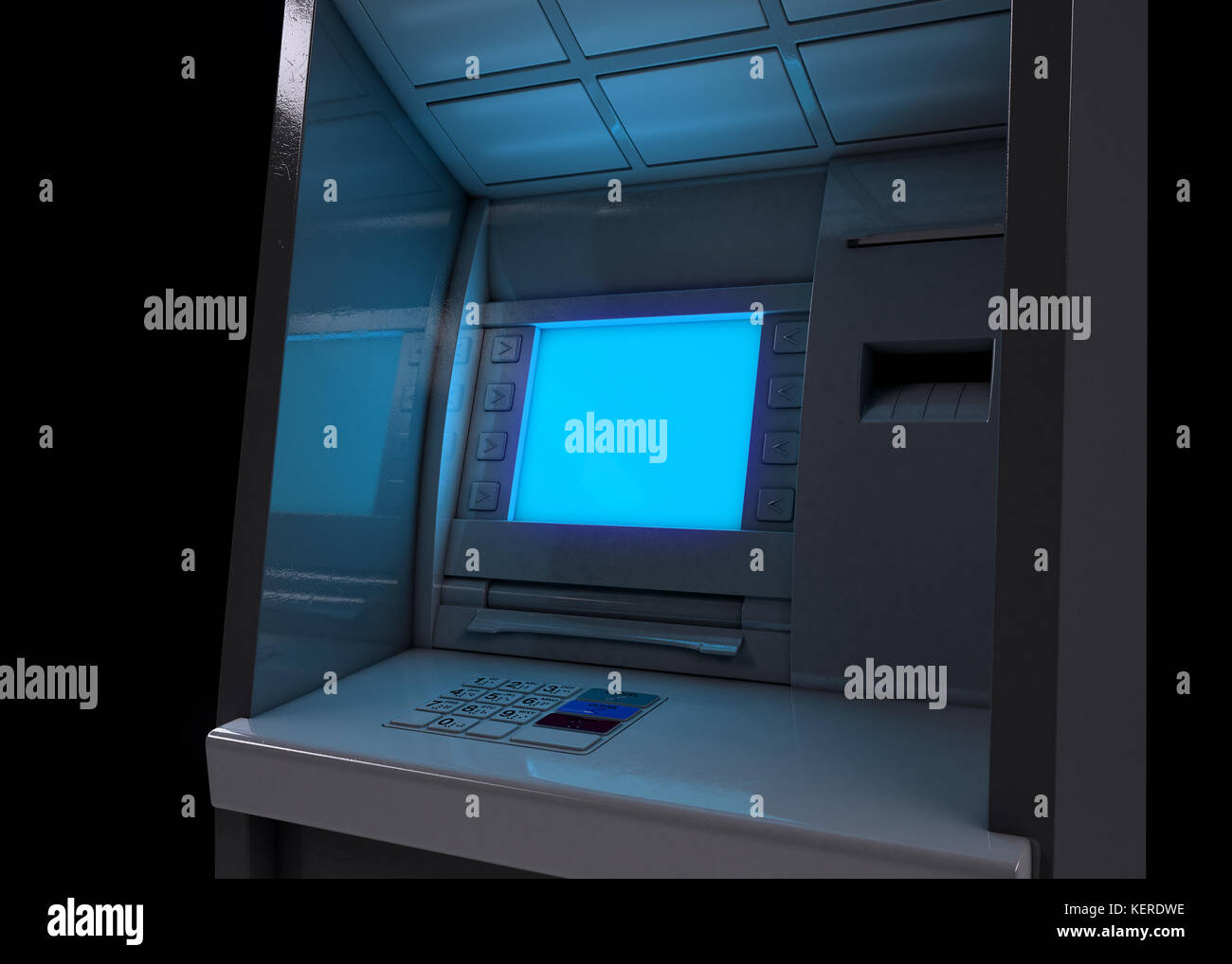 A closeup view of a generic atm facade with an illuminated blank sceen ...