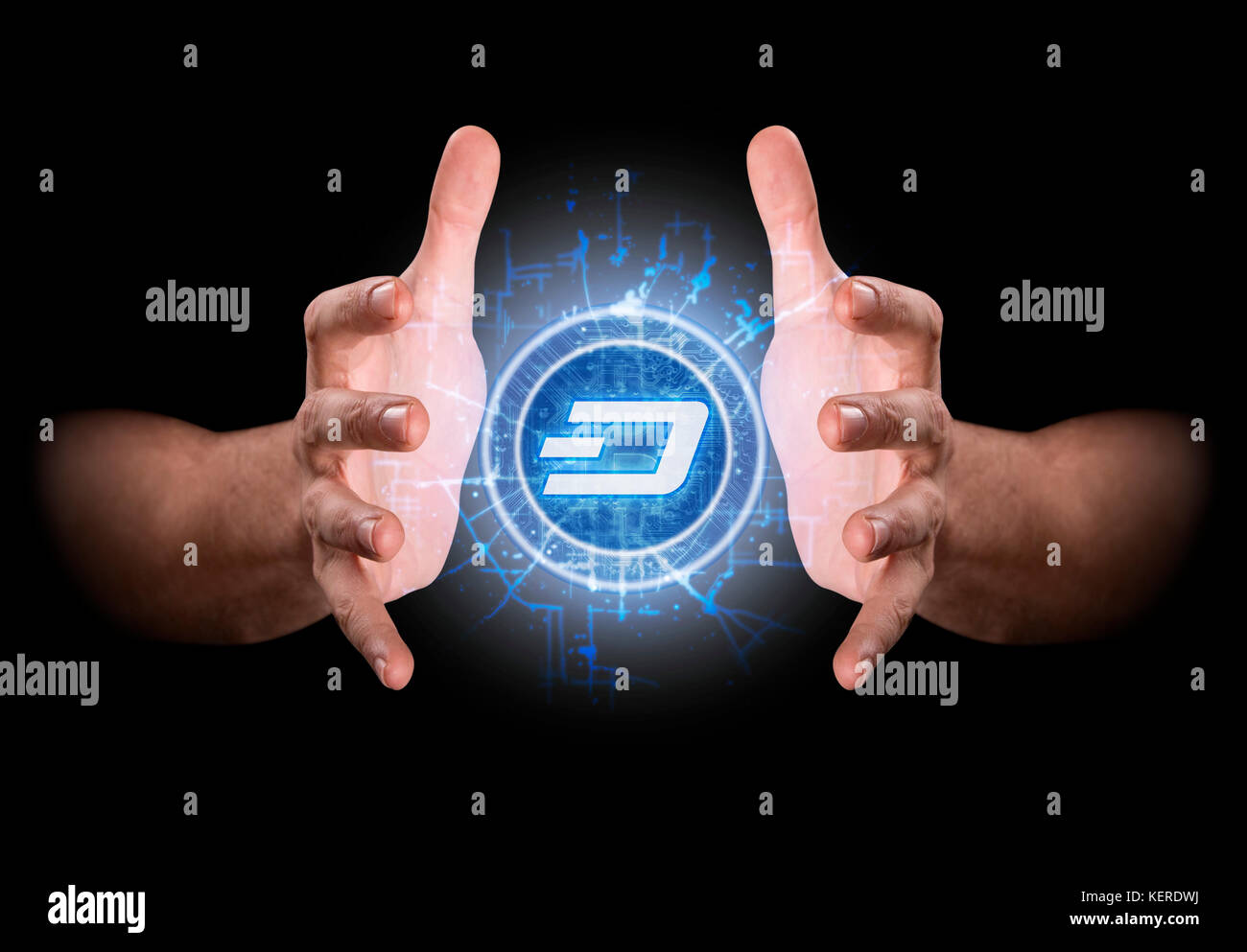 A pair of male hands reaching through the dark grasping at a dash hologram Stock Photo