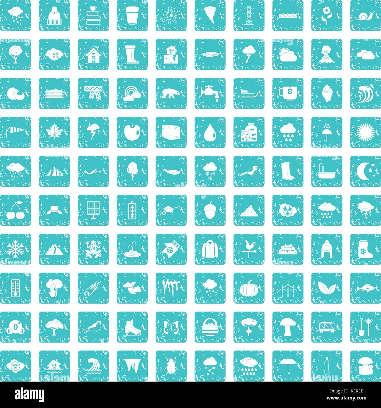 100 clouds icons set grunge blue Stock Vector