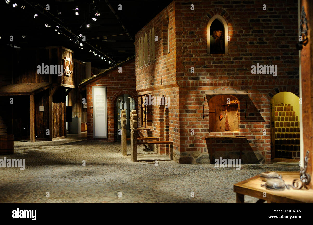 Middle Ages. Example of a typical bourgeois brick house in the city center. At the botton were the shops. Medieval Museum. Stockholm. Sweden. Stock Photo