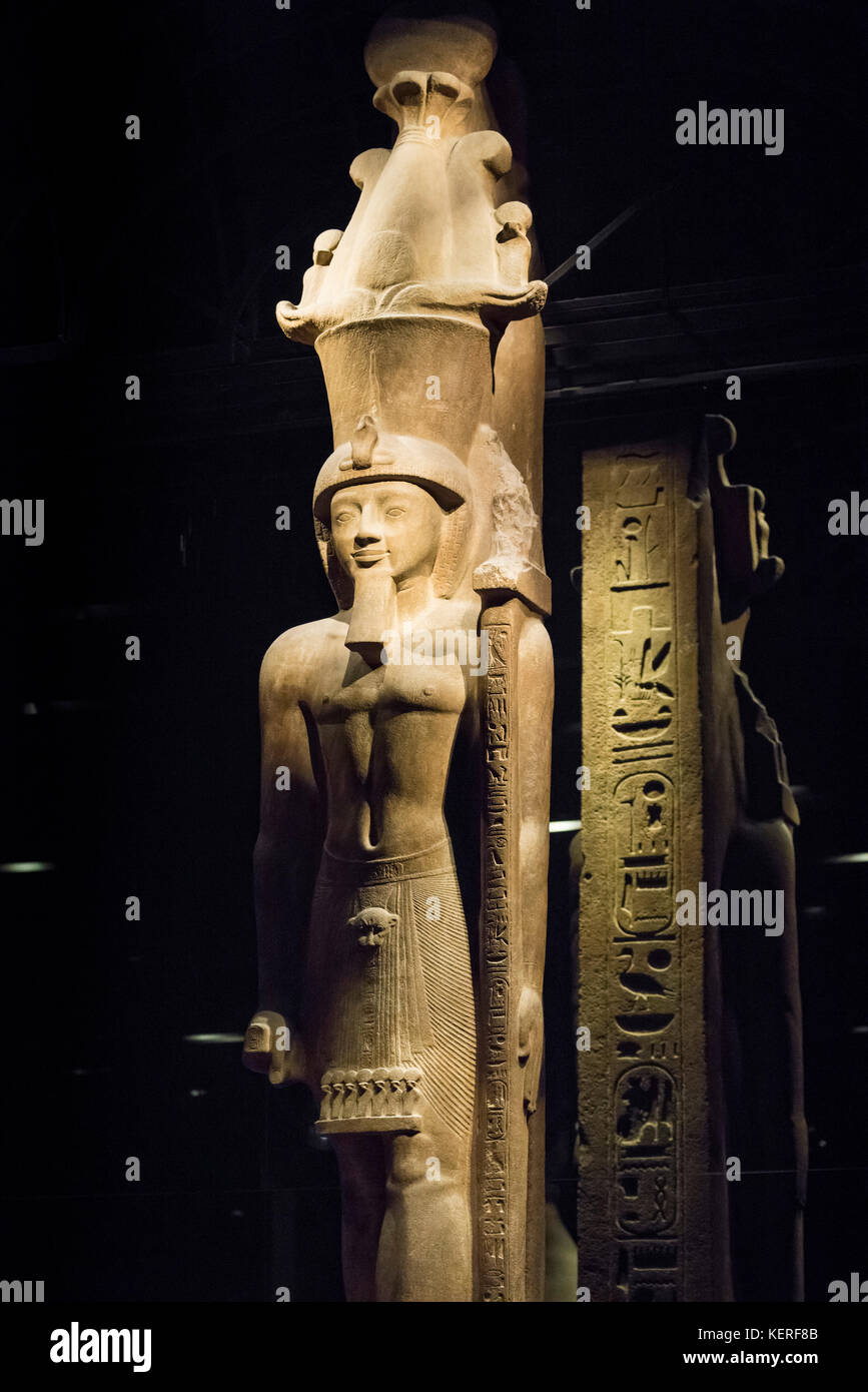 Turin. Italy. Portrait statue of Egyptian Pharaoh Seti II wearing an Atef crown. Museo Egizio (Egyptian Museum) 19th XIX Dynasty Stock Photo