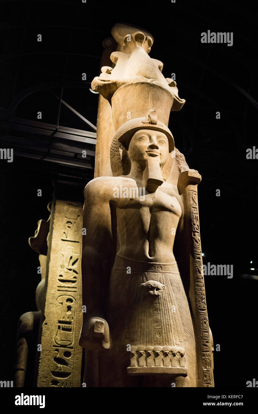 Turin. Italy. Portrait statue of Egyptian Pharaoh Seti II wearing an Atef crown. Museo Egizio (Egyptian Museum) 19th XIX Dynasty Stock Photo