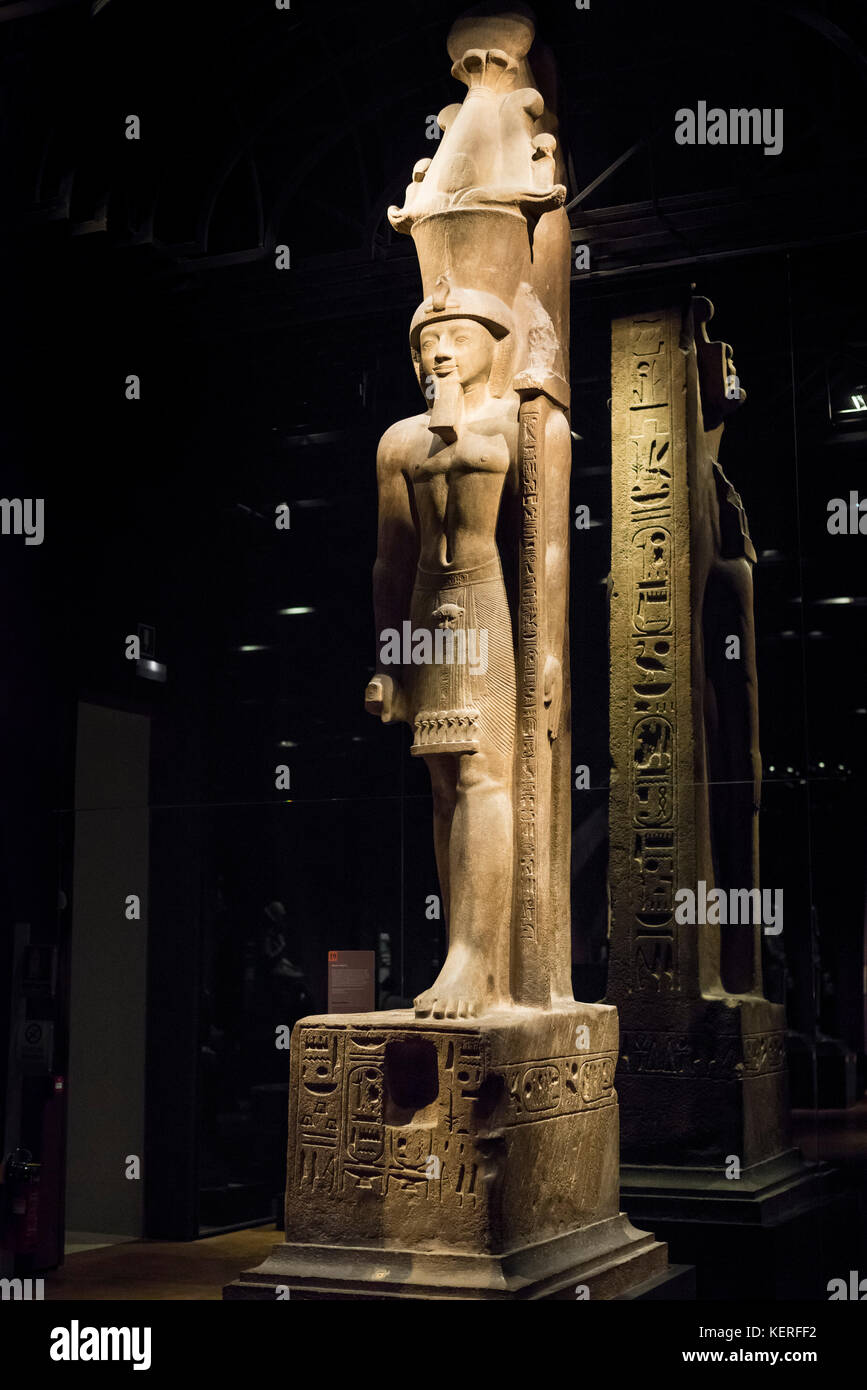 Turin. Italy. Portrait statue of Egyptian Pharaoh Seti II wearing an Atef crown. Museo Egizio (Egyptian Museum) 19th XIX Dynasty Stock Photo